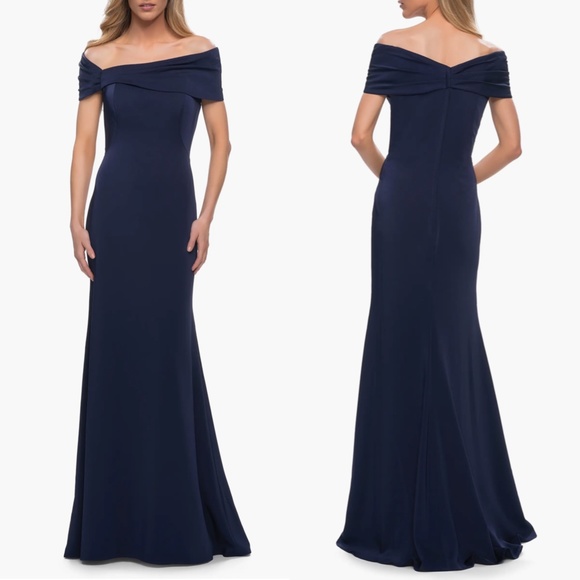 NEW LA FEMME Navy SATIN Ruched OFF THE SHOULDER Pleated TRUMPET Evening GOWN 10 - Picture 1 of 10